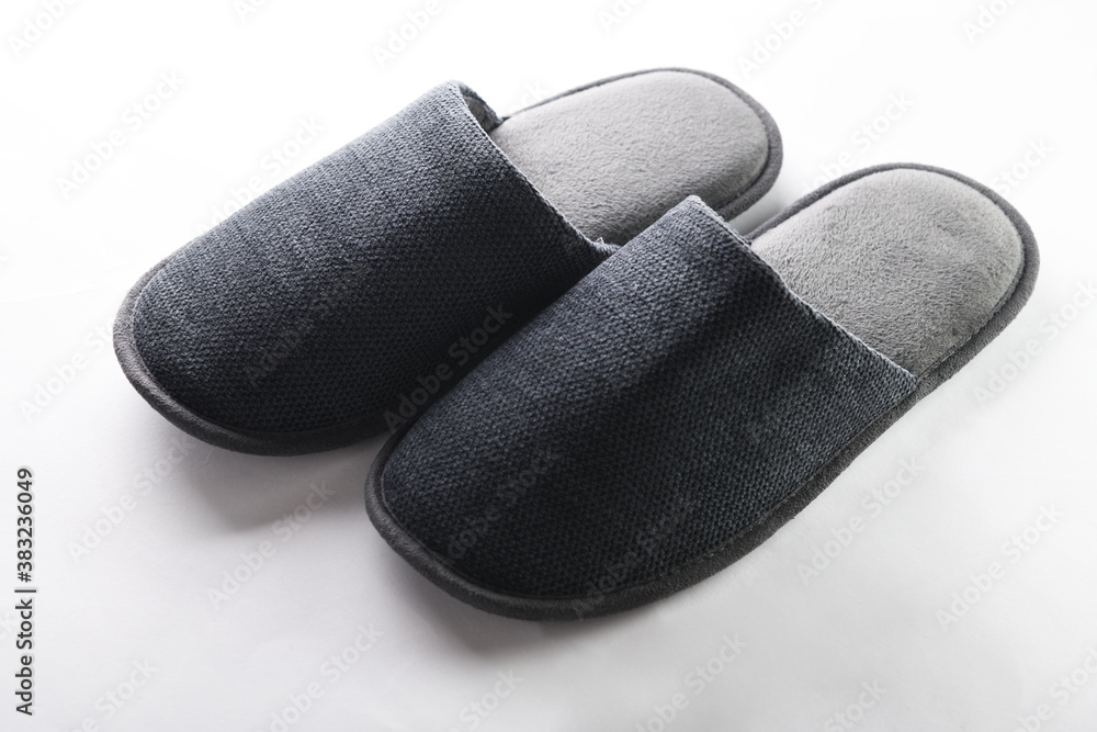 Pair of blank soft gray home slippers, design mockup. Hotel bath slippers  top view isolated on white background. Clear warm domestic sandal or  sneakers. Bed shoes accessory footwear. Stock Photo | Adobe