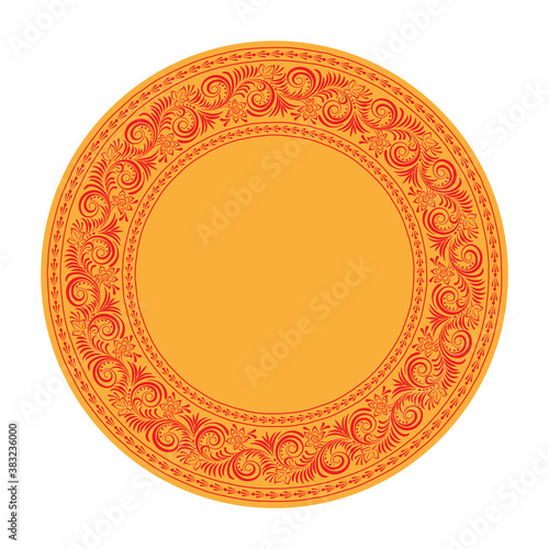 Russian traditional circular pattern. Bright red pattern of leaves and blades of grass on a yellow background.