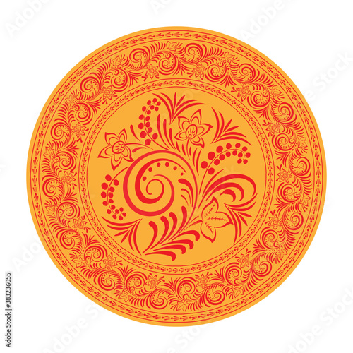 Russian traditional circular pattern. Bright red pattern of leaves and blades of grass on a yellow background.