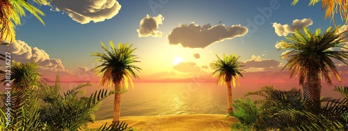 Fototapeta Naklejka Na Ścianę i Meble -  Beautiful beach with palm trees at sunset, seascape at sunrise, palm trees on the seashore, 3D rendering
