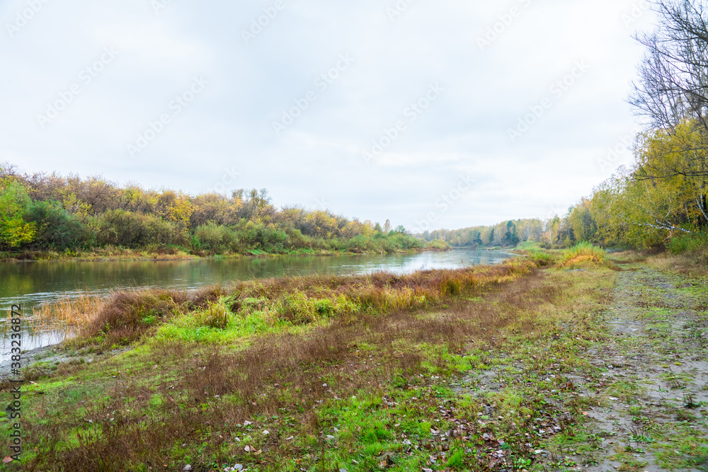 Calm river with trees on the shores in rainy autumn day. Autumn landscape. 