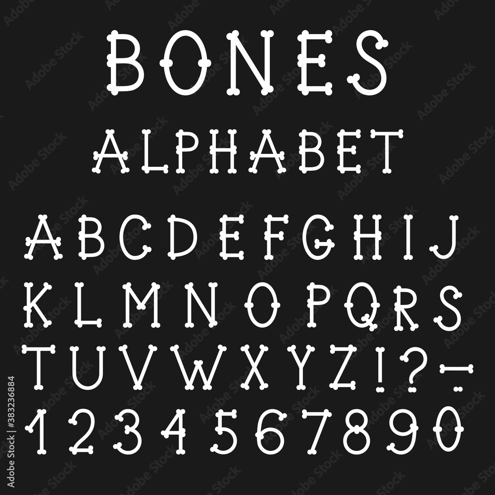 Alphabet. Capital letters and numbers made of bones on a black background. Uppercase letters made with round endings. Vector illustration in flat style