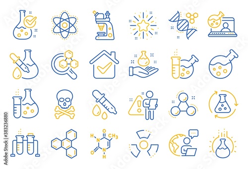 Chemistry lab line icons. Chemical formula, Microscope and Medical analysis. Laboratory test flask, reaction tube, chemistry lab icons. Microscopic research, toxic radiation. Line icon set. Vector