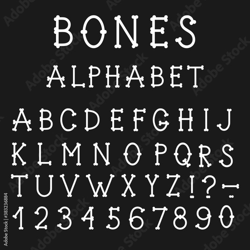 Alphabet. Capital letters and numbers made of bones on a black background. Uppercase letters made with round endings. Vector illustration in flat style