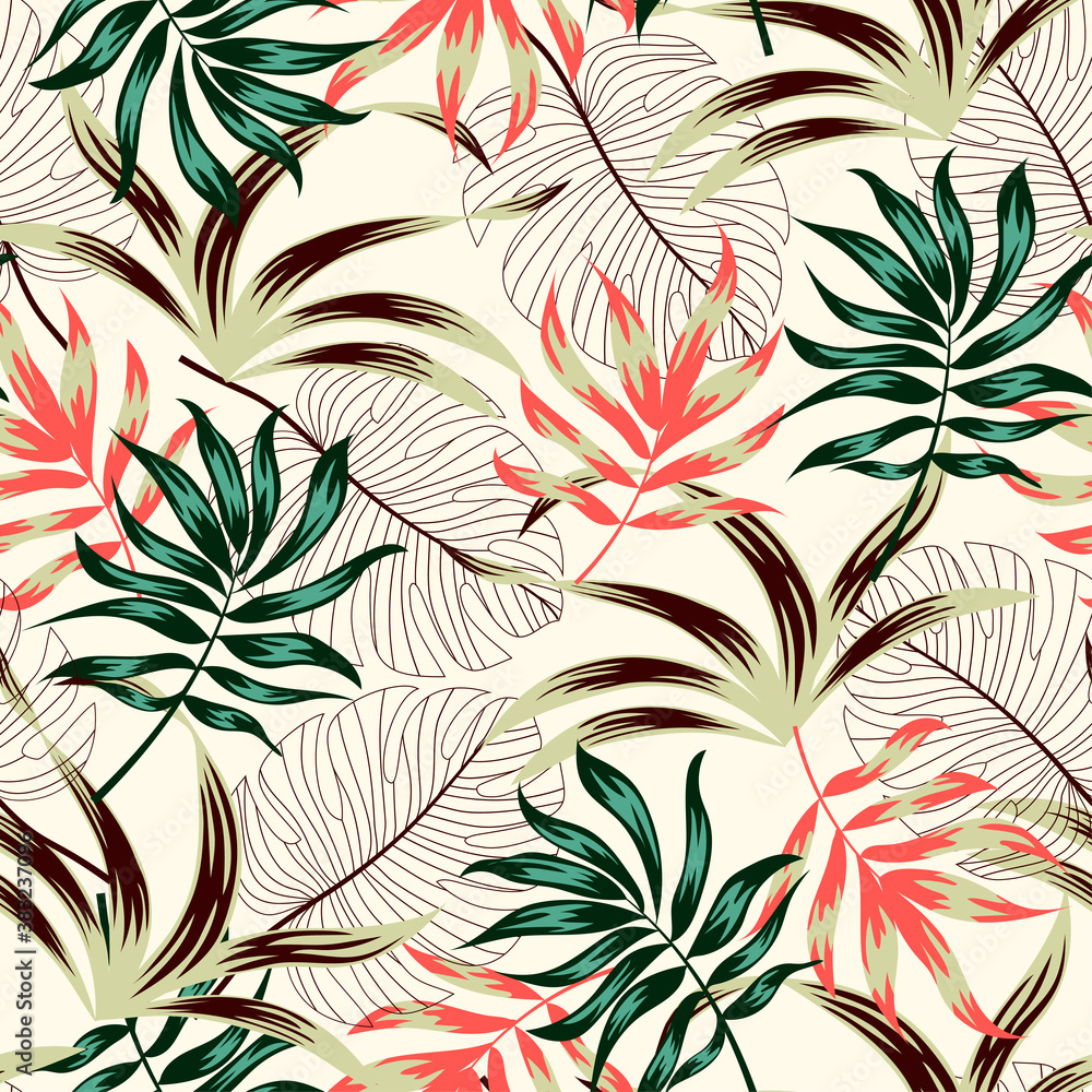 Trending tropical seamless pattern with plants and leaves. Summer background with exotic leaves. Exotic wallpaper, Hawaiian style. Vector background for various surface. Jungle leaves.