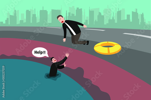 Business pretending vector concept: Liar businessman pretending to help friend by held out hands while there is a hidden buoy