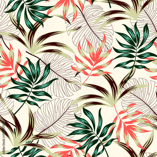 Trending tropical seamless pattern with plants and leaves. Summer background with exotic leaves. Exotic wallpaper, Hawaiian style. Vector background for various surface. Jungle leaves. © Jen