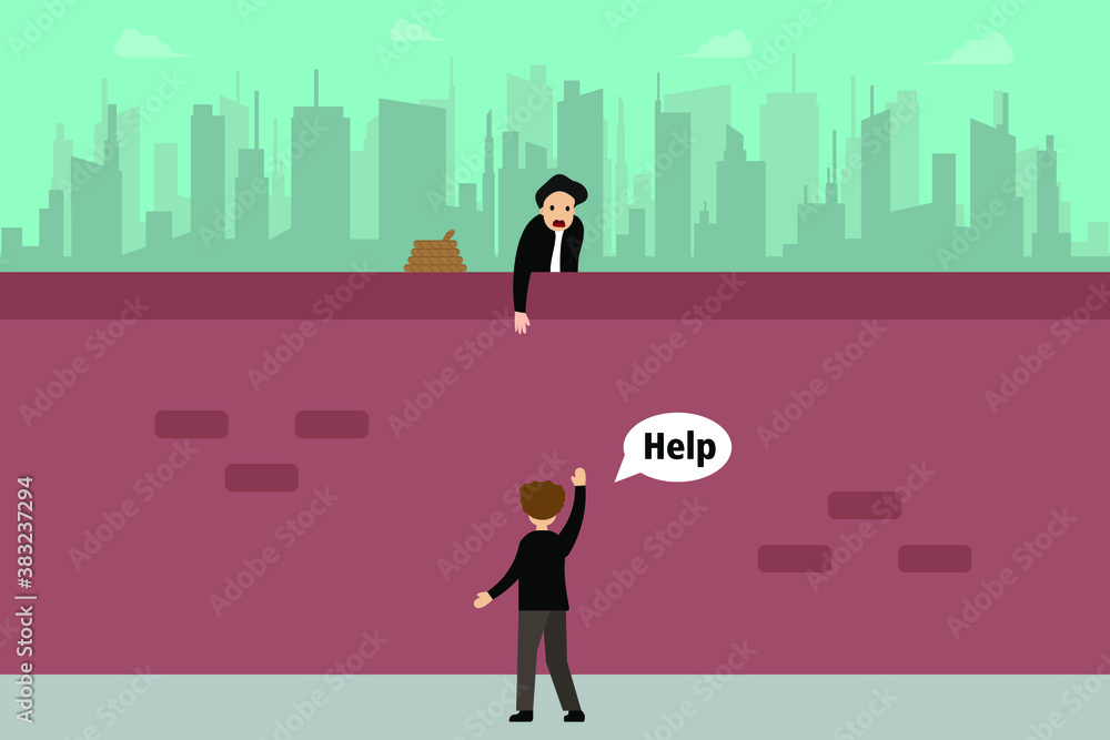 Business pretending vector concept: Cheating businessman pretending to help friend by held out hands while there is a hidden rope