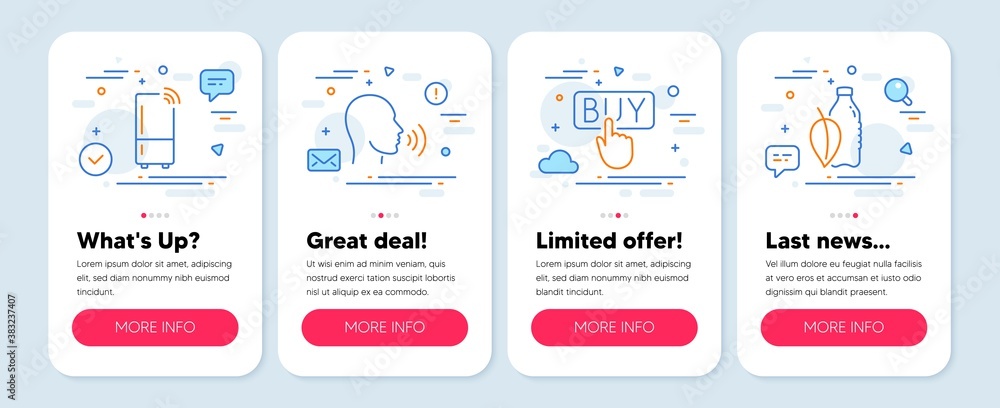 Set of Business icons, such as Refrigerator, Human sing, Buying symbols. Mobile screen banners. Water bottle line icons. Wifi fridge, Talk, E-commerce shopping. Mint leaf drink. Vector Set of Business icons, such as Refrigerator, Human sing, Buying symbols. Mobile screen banners. Water bottle line icons. Wifi fridge, Talk, E-commerce shopping. Mint leaf drink. Vector