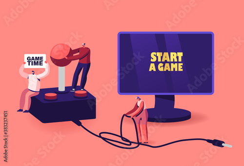 Video Games Recreation, Gaming Addiction, Hobby Concept. Tiny Male and Female Gamers Characters Playing Videogames on Pc