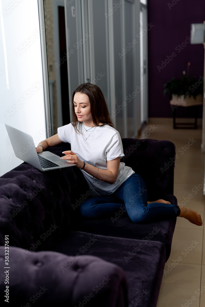 Smiling happy woman sitting on the sofa and using laptop. Woman working at home. Smiling happy woman sitting on the sofa and using laptop. Woman working at home.