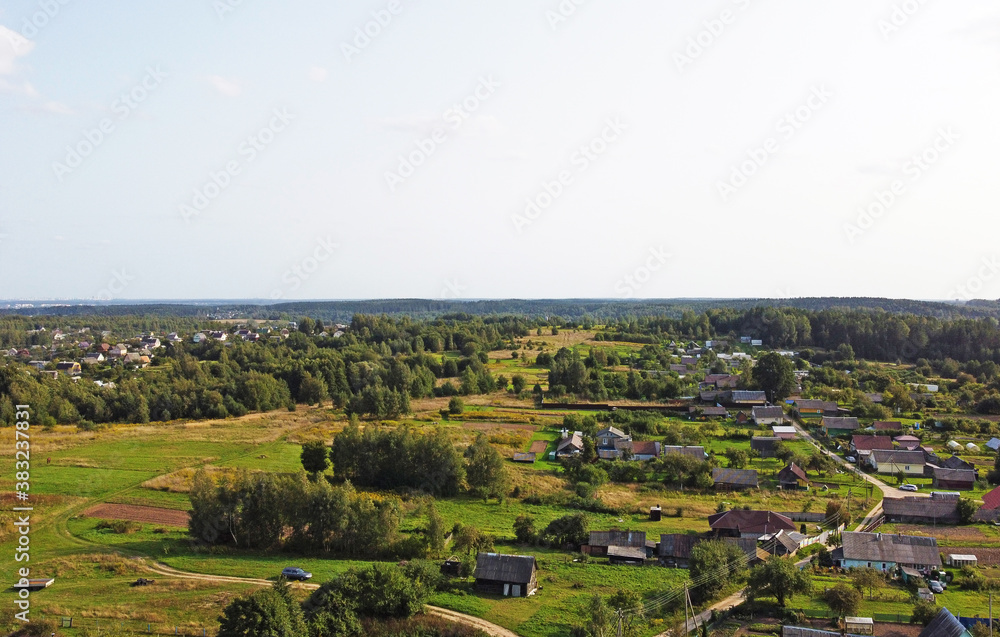 Beautiful top view of a forest landscape with green trees near the suburb