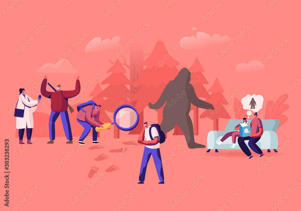 People Search Yeti, Abominable Snowman, Reading Fairy Tales about Bigfoot Character, Shaggy Beast Covered with Hair People Search Yeti, Abominable Snowman, Reading Fairy Tales about Bigfoot Character, Shaggy Beast Covered with Hair