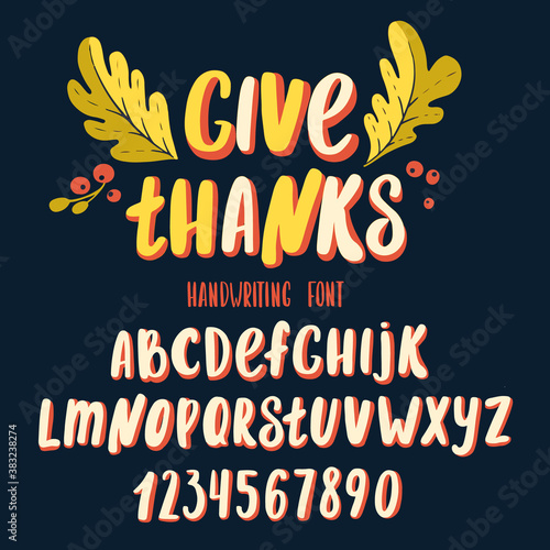 Font thanksgiving day. Typography alphabet with colorful autumn illustrations.