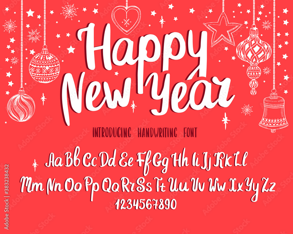 Christmas font. Holiday typography alphabet with season wishes and festive illustrations.