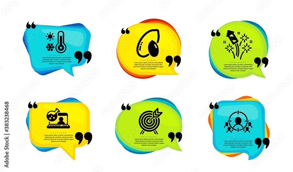 Online chemistry, Peanut and Fireworks rocket icons simple set. Speech bubble with quotes. Weather thermometer, Archery and Business targeting signs. Vector