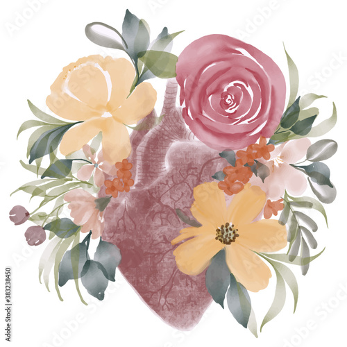 Fotografi Anatomical Heart with Flowers watercolor graphic print.