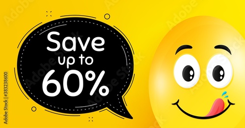 Save up to 60%. Easter egg with yummy smile face. Discount Sale offer price sign. Special offer symbol. Easter smile character. Discount speech bubble. Yellow yummy egg background. Vector