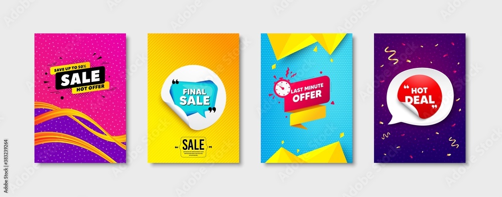 Vecteur Stock Final sale, Last minute offer and Hot deal set. Sticker  template layout. Final discount sign. Sale offer, discount sticker, save 50  percent banner. Promotional tag set. Speech bubble banner. Vector