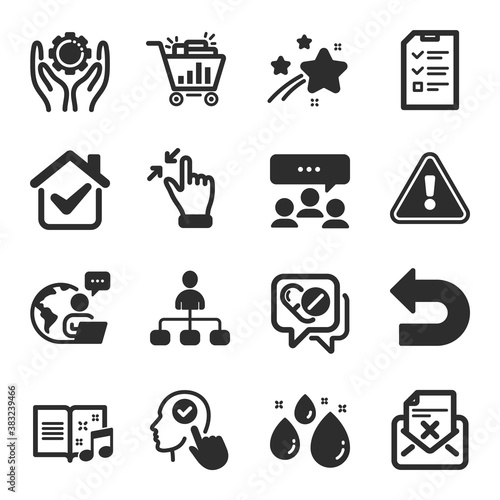 Set of Business icons, such as Meeting, Management, Medical drugs symbols. Seo shopping, Reject letter, Music book signs. Select user, Water drop, Interview. Touchscreen gesture, Undo. Vector