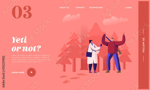 Tv Program of Fantasy Monster Landing Page Template. Journalist Character Interviewing Eyewitness of Yeti or Bigfoot