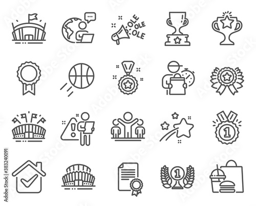 Sports icons set. Included icon as Arena, Sports stadium, Certificate signs. Victory, Reward, Winner cup symbols. Laureate award, Ole chant, Sports arena. Winner, Basketball, Approved. Vector