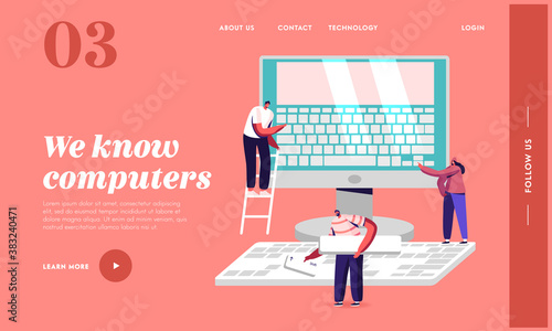 People Typing, Office Work, Education or Technology Landing Page Template. Tiny Characters at Huge Monitor with Keyboard