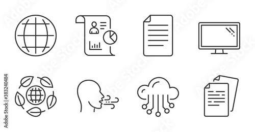 File, Breathing exercise and Eco organic line icons set. Report, Documents and Cloud storage signs. Globe, Monitor symbols. Paper page, Breath, Bio ingredients. Science set. Quality line icons. Vector