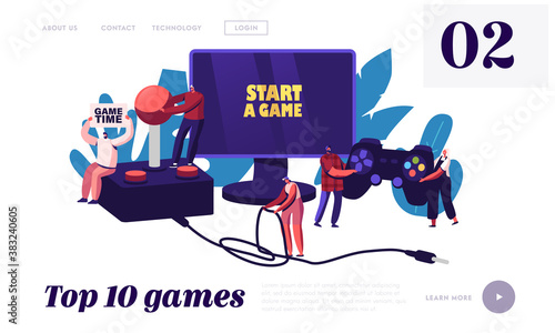 Video Games Recreation, Hobby Landing Page Template. Tiny Characters with Huge Gamepad and Joystick Playing Videogame