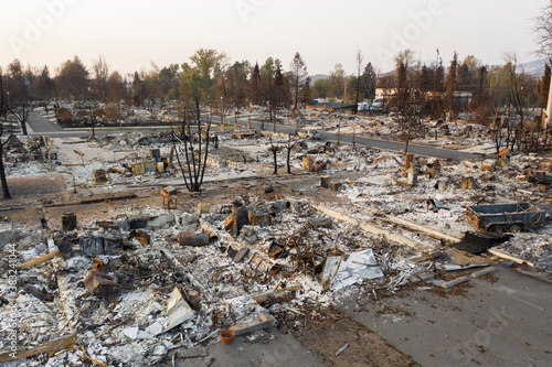 Aerial view of burned down houses from the 2020 Almeda wildfire in Southern Oregon, USA