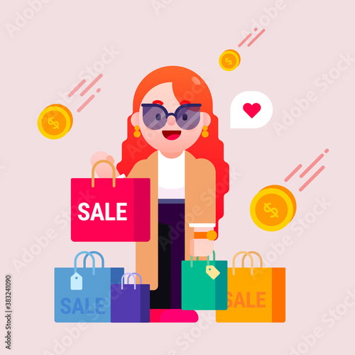 Shopping girl with shopping bags on sale season