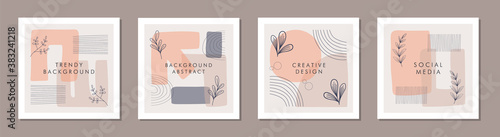 Abstract trendy colorful organic shapes and lines with floral square frame template concepts.