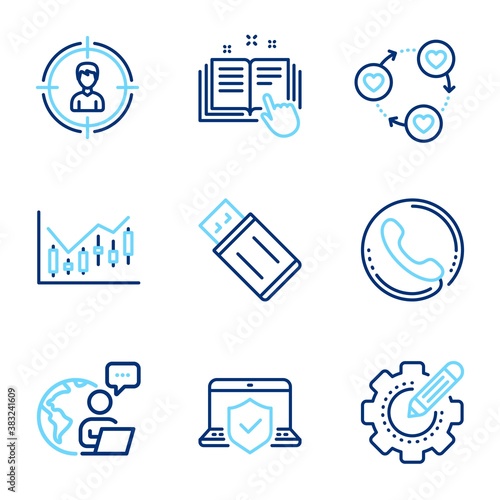 Business icons set. Included icon as Friends community, Financial diagram, Headhunting signs. Settings gear, Call center, Technical documentation symbols. Laptop insurance, Usb flash. Vector
