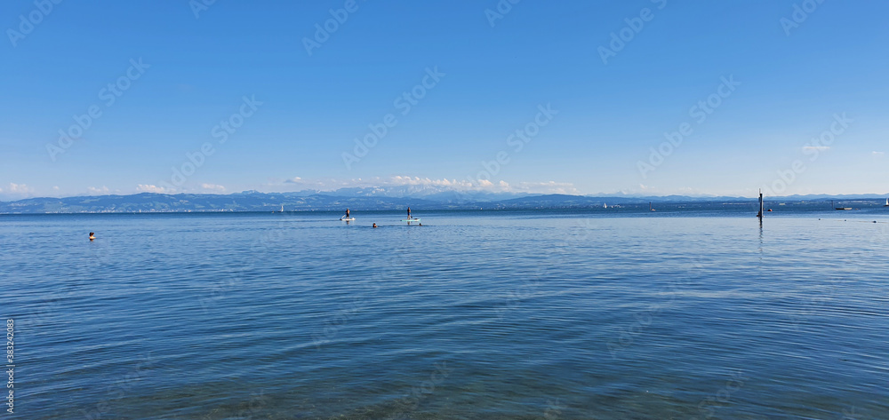 Friedrichshafen Germany July 2020 Lake Constance with view to the mountains and water sports activities