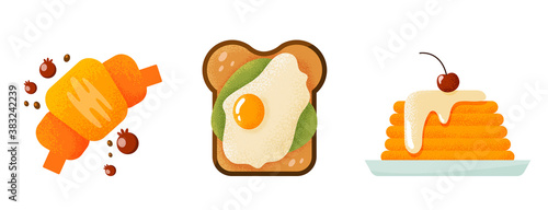 Healthy breakfast vector textural illustration set. Croissant with berries, scrambled eggs on toast and pancakes.