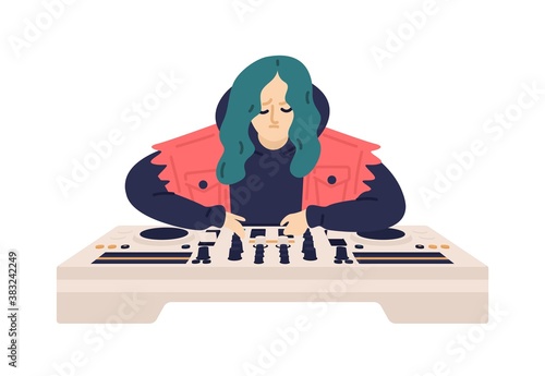Hipster female DJ with green hair playing electronic music records vector fla...