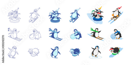 Set of icon of six funny penguins in three different styles.Penguins on skates,on skis, on a sleigh, on tube, with a snowball.Vector  isolated illustrations.  