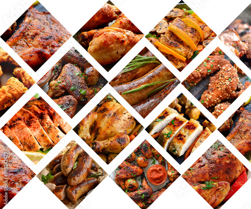 Food collage, food banner, cover for menu. Meat dish