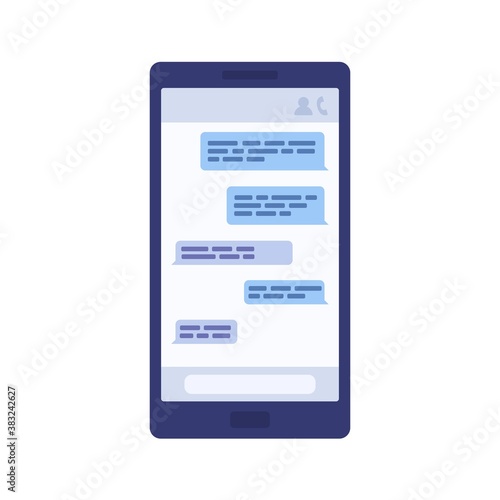 Display of smartphone with message chat vector flat illustration. Screen of mobile phone with messenger application isolated on white. Modern digital device with online dialogue or communication