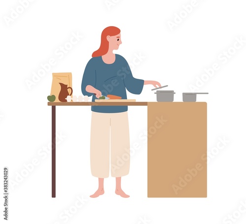 Happy modern housewife cooking food at kitchen vector flat illustration. Smil...