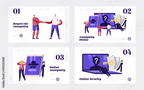 Internet Privacy, Information Private Protection Landing Page Template Set. Tiny Characters at Huge Laptop and Tablet