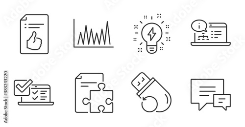 Flash memory, Line graph and Online documentation line icons set. Online survey, Inspiration and Strategy signs. Approved document, Comment symbols. Quality line icons. Flash memory badge. Vector