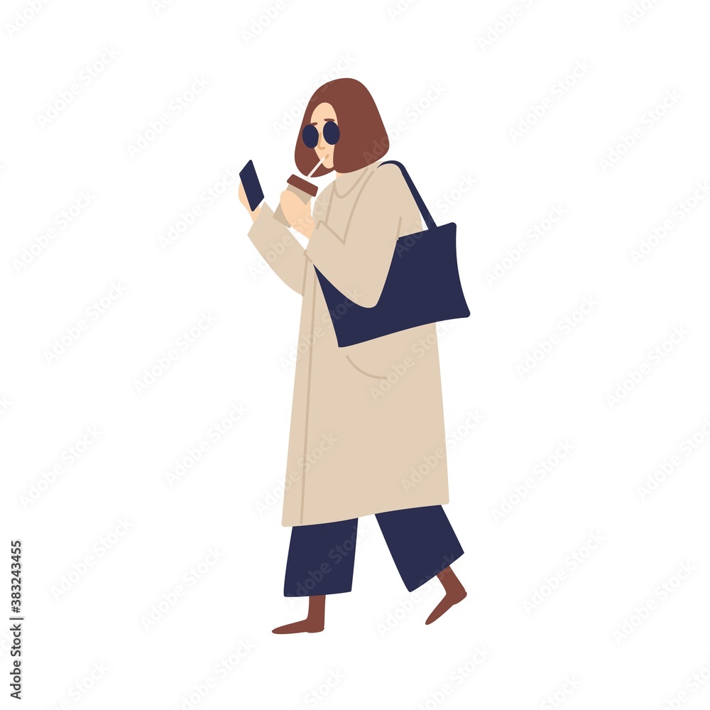 Casual woman in sunglasses drinking beverage from paper cup use straw vector flat illustration. Fashionable female going with handbag carrying coffee takeaway use smartphone isolated on white Casual woman in sunglasses drinking beverage from paper cup use straw vector flat illustration. Fashionable female going with handbag carrying coffee takeaway use smartphone isolated on white