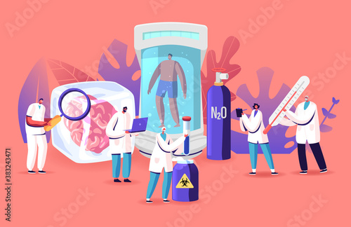 Cryonics Technology Concept. Tiny Scientists Use Futuristic Equipment for Hibernation, Cryogenic Camera with Human