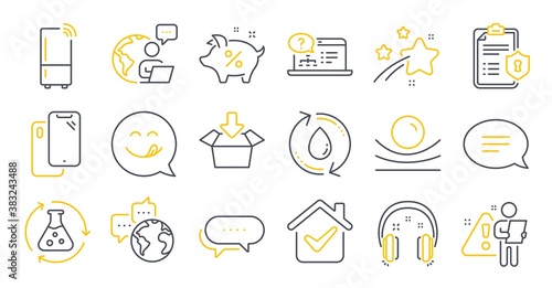 Set of Technology icons, such as Refill water, Chemistry experiment, Elastic material symbols. Chat, Smartphone, World communication signs. Loan percent, Online help, Headphones. Get box. Vector