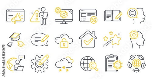 Set of Science icons, such as Coronavirus report, Writer, Cloud protection symbols. Eco organic, Cogwheel, Snow weather signs. Settings, International Ð¡opyright, Seo marketing. Message. Vector