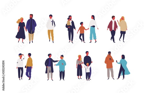 Set of different people - couple, family and friends vector flat illustration. Collection of various men, women and children talking, walking, use smartphone, spending time together isolated