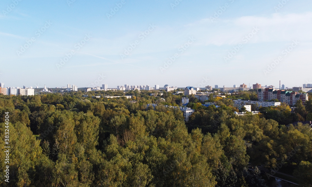 Top view of summer city park with trees. 01 October 2020, Minsk Belarus