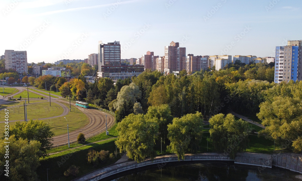 Top view of summer city park with trees. 01 October 2020, Minsk Belarus Top view of summer city park with trees. 01 October 2020, Minsk Belarus