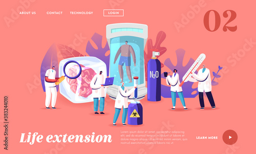 Cryonics Technology Landing Page Template. Tiny Scientists Characters Use Futuristic Equipment for Cryogenic Hibernation